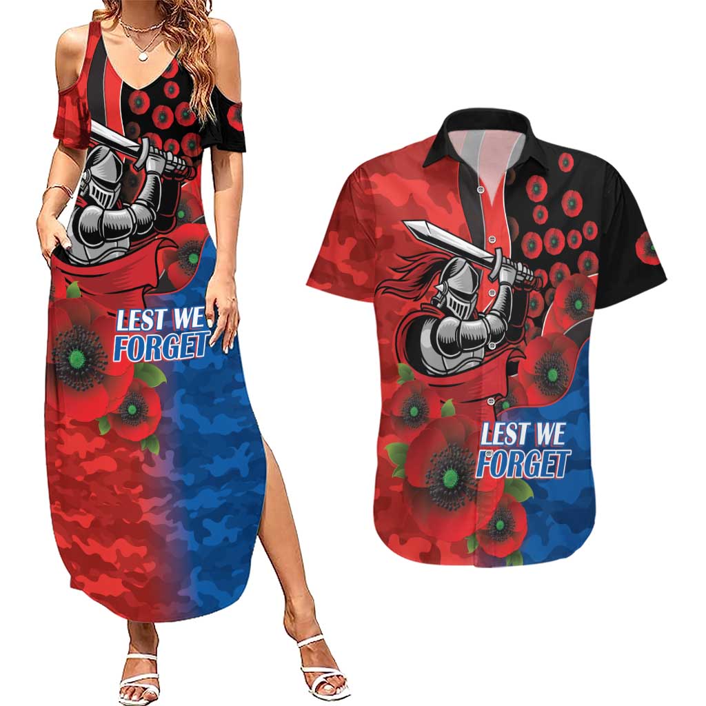 Newcastle Knights ANZAC Personalised Couples Matching Summer Maxi Dress and Hawaiian Shirt Lest We Forget Poppy Camo