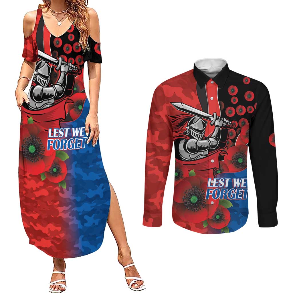 Newcastle Knights ANZAC Personalised Couples Matching Summer Maxi Dress and Long Sleeve Button Shirt Lest We Forget Poppy Camo