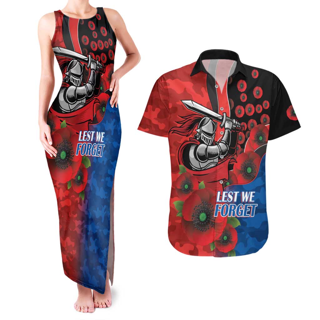 Newcastle Knights ANZAC Personalised Couples Matching Tank Maxi Dress and Hawaiian Shirt Lest We Forget Poppy Camo