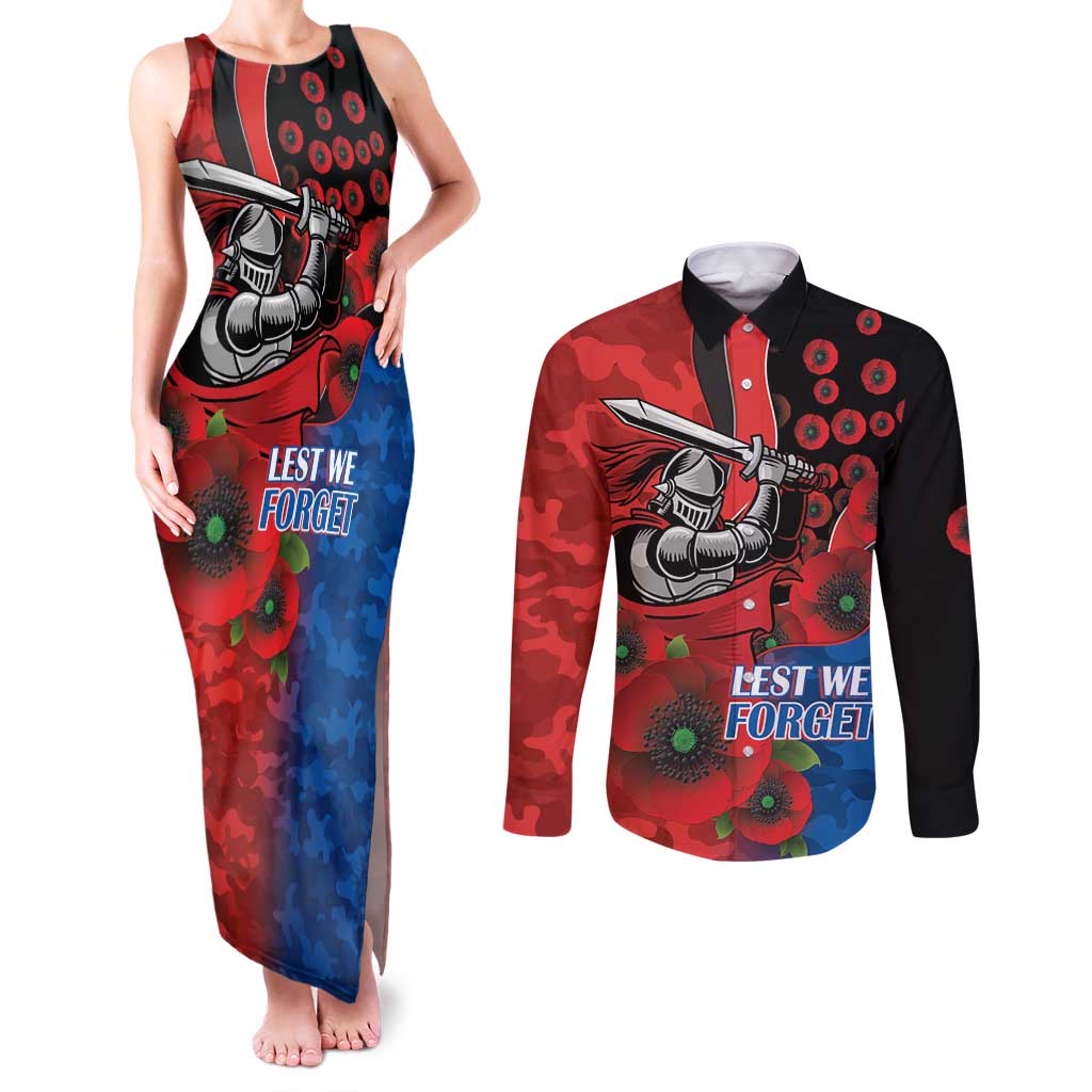 Newcastle Knights ANZAC Personalised Couples Matching Tank Maxi Dress and Long Sleeve Button Shirt Lest We Forget Poppy Camo