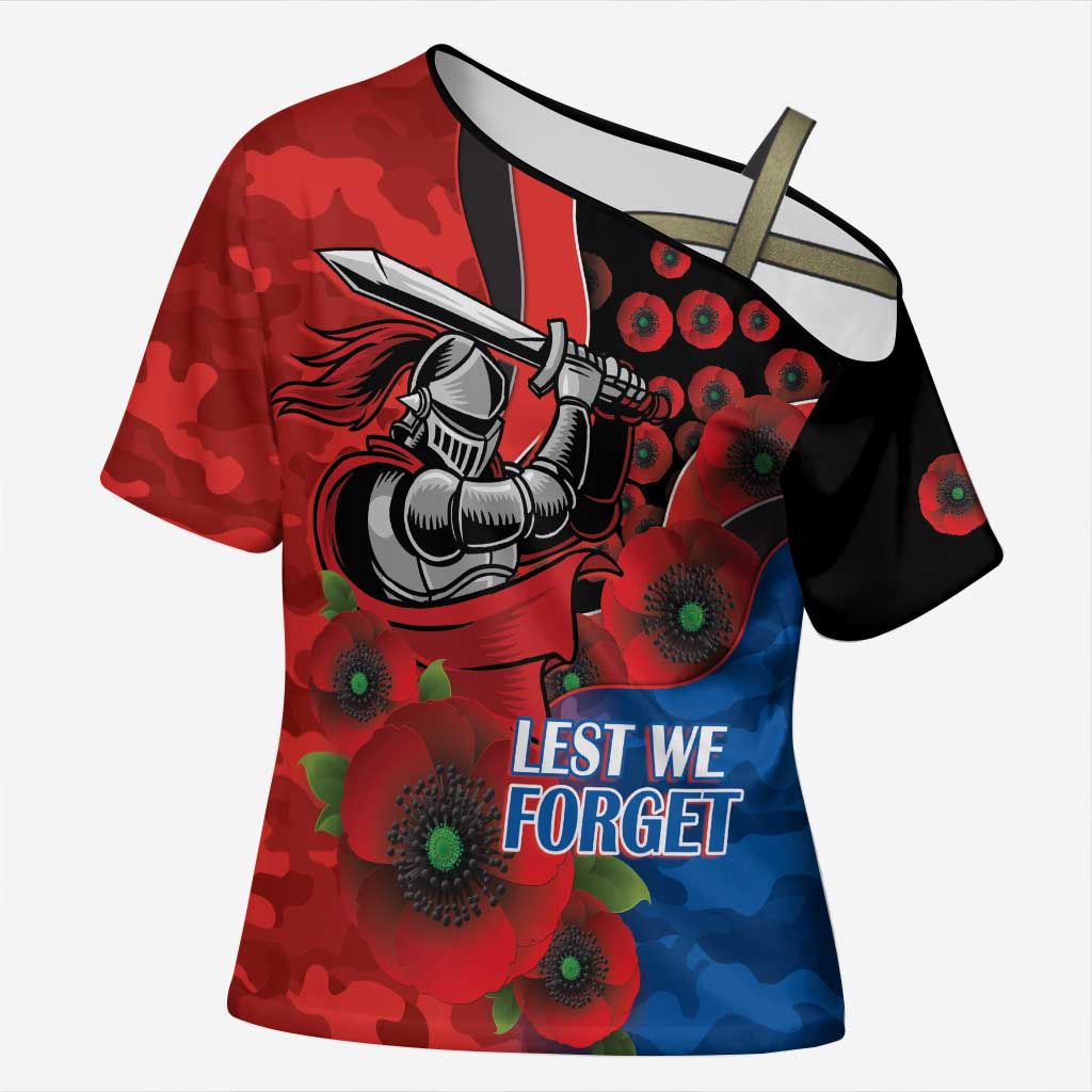 Newcastle Knights ANZAC Personalised Cross Shoulder Shirt Lest We Forget Poppy Camo