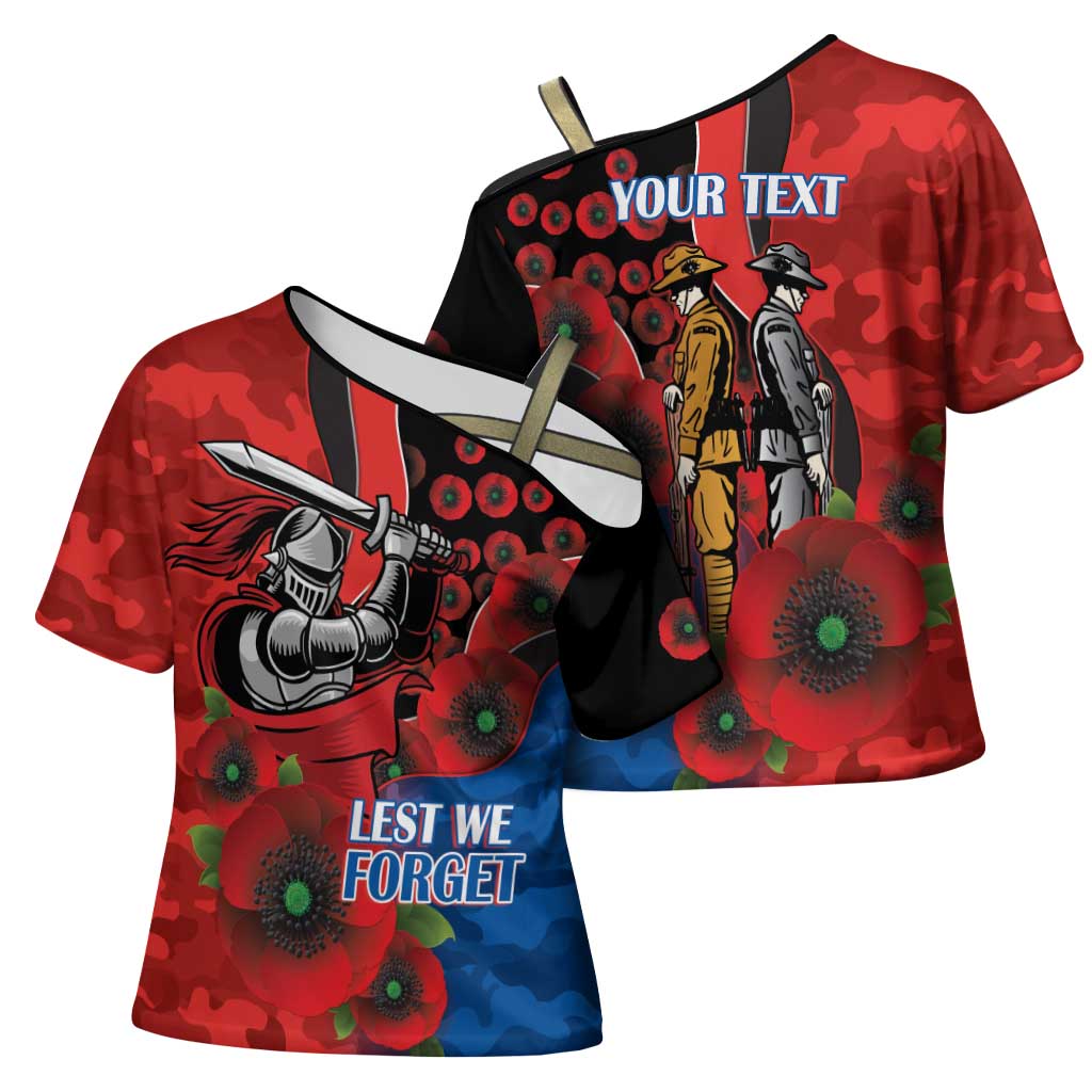 Newcastle Knights ANZAC Personalised Cross Shoulder Shirt Lest We Forget Poppy Camo