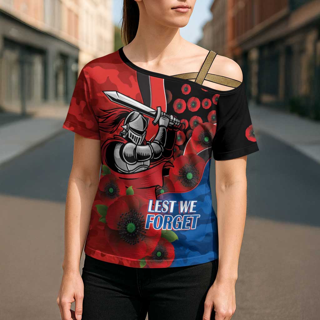 Newcastle Knights ANZAC Personalised Cross Shoulder Shirt Lest We Forget Poppy Camo