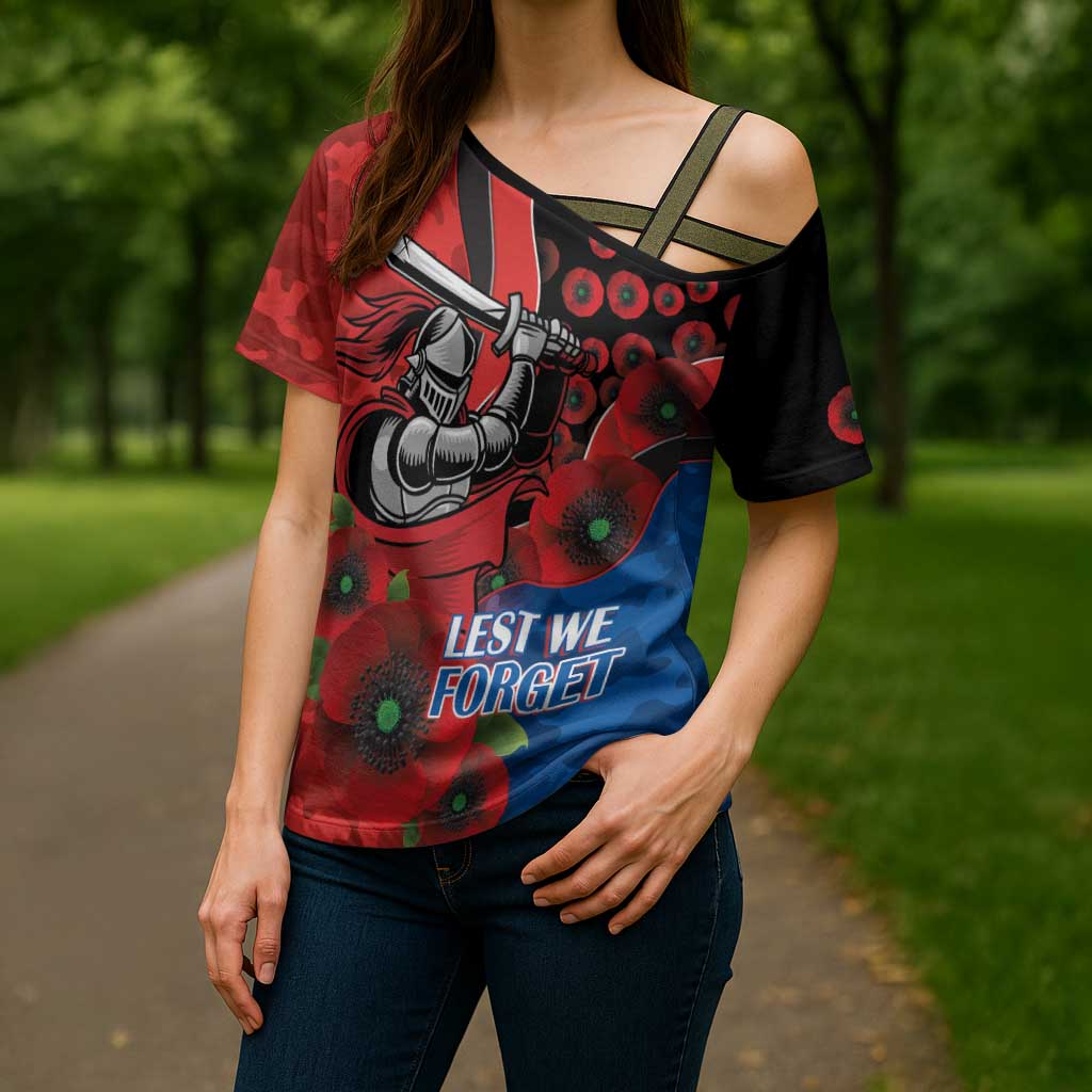 Newcastle Knights ANZAC Personalised Cross Shoulder Shirt Lest We Forget Poppy Camo