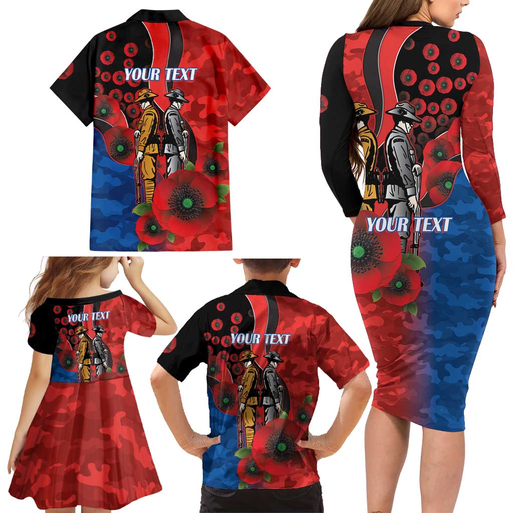 Newcastle Knights ANZAC Personalised Family Matching Long Sleeve Bodycon Dress and Hawaiian Shirt Lest We Forget Poppy Camo