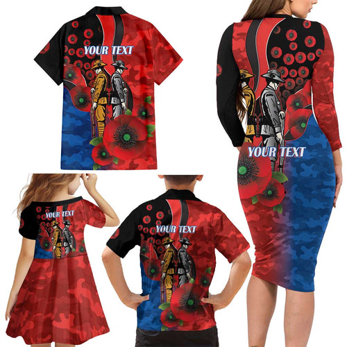 Newcastle Knights ANZAC Personalised Family Matching Long Sleeve Bodycon Dress and Hawaiian Shirt Lest We Forget Poppy Camo