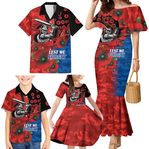 Newcastle Knights ANZAC Personalised Family Matching Mermaid Dress and Hawaiian Shirt Lest We Forget Poppy Camo