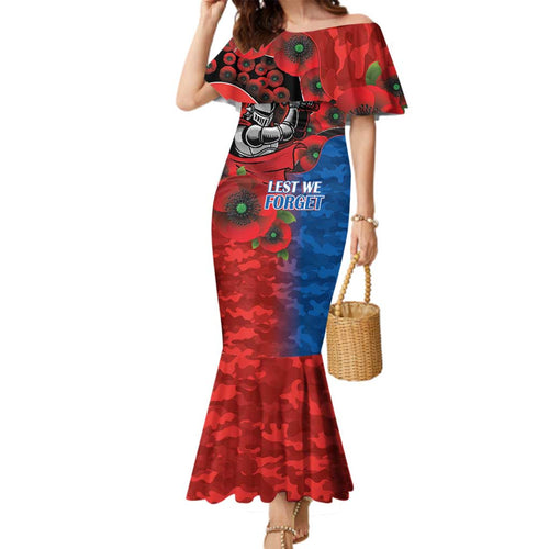Newcastle Knights ANZAC Personalised Family Matching Mermaid Dress and Hawaiian Shirt Lest We Forget Poppy Camo