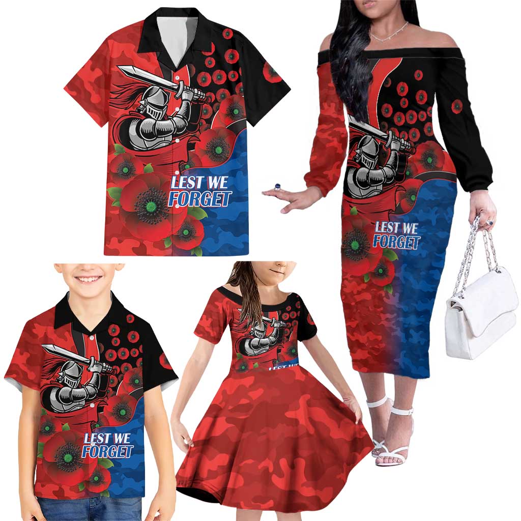 Newcastle Knights ANZAC Personalised Family Matching Off The Shoulder Long Sleeve Dress and Hawaiian Shirt Lest We Forget Poppy Camo