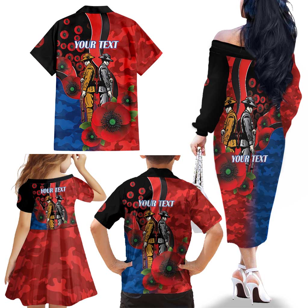 Newcastle Knights ANZAC Personalised Family Matching Off The Shoulder Long Sleeve Dress and Hawaiian Shirt Lest We Forget Poppy Camo