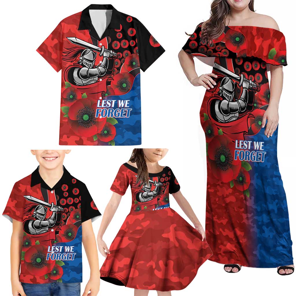 Newcastle Knights ANZAC Personalised Family Matching Off Shoulder Maxi Dress and Hawaiian Shirt Lest We Forget Poppy Camo