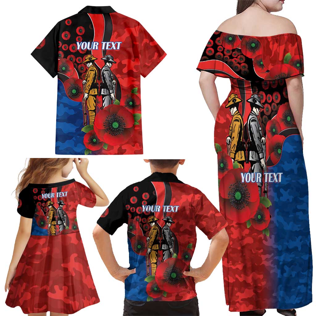 Newcastle Knights ANZAC Personalised Family Matching Off Shoulder Maxi Dress and Hawaiian Shirt Lest We Forget Poppy Camo