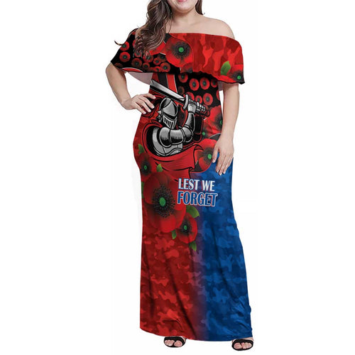 Newcastle Knights ANZAC Personalised Family Matching Off Shoulder Maxi Dress and Hawaiian Shirt Lest We Forget Poppy Camo