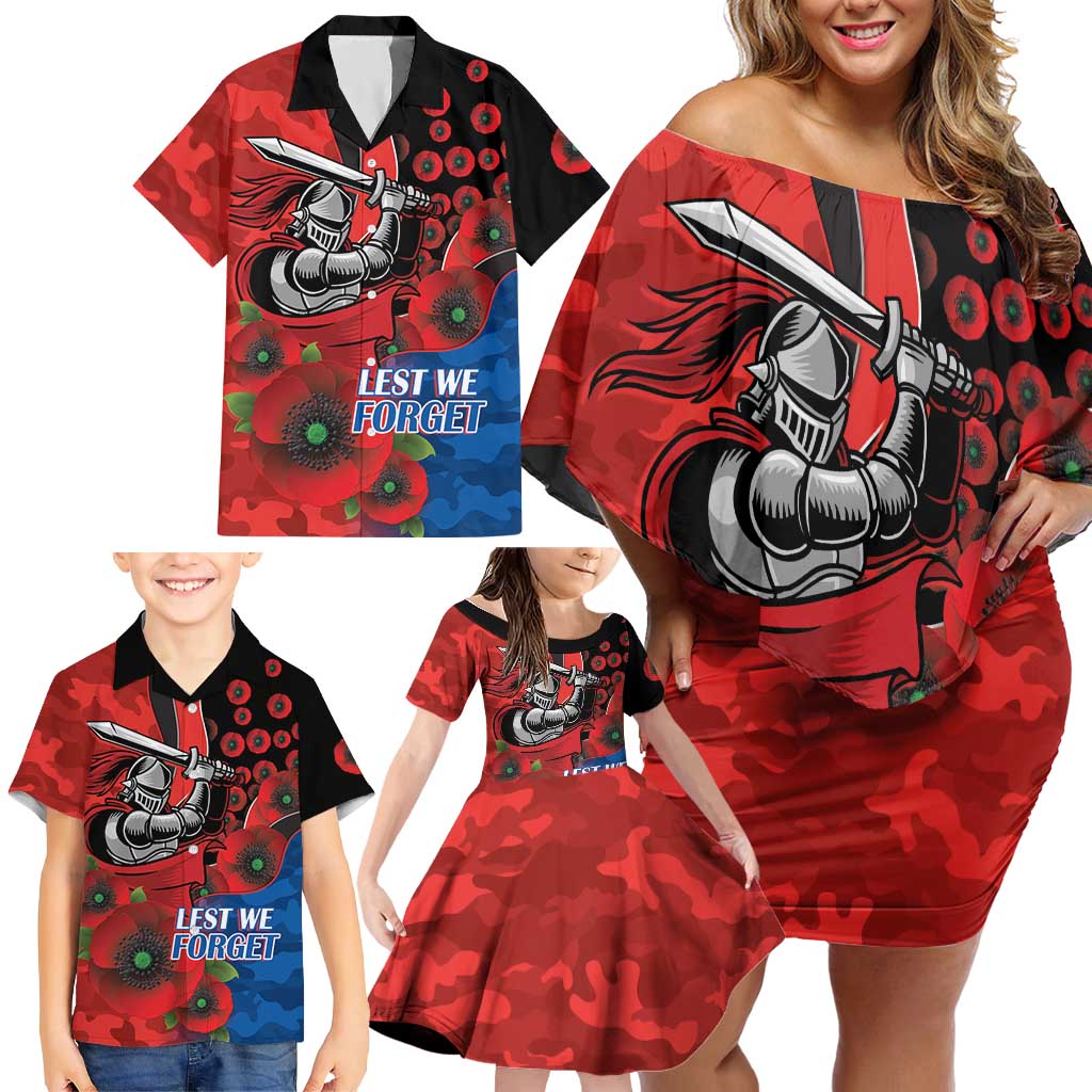 Newcastle Knights ANZAC Personalised Family Matching Off Shoulder Short Dress and Hawaiian Shirt Lest We Forget Poppy Camo