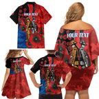 Newcastle Knights ANZAC Personalised Family Matching Off Shoulder Short Dress and Hawaiian Shirt Lest We Forget Poppy Camo