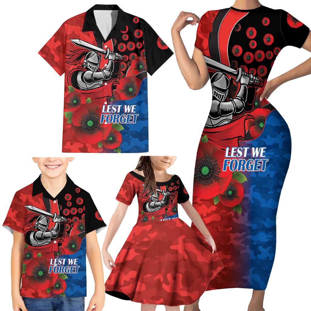 Newcastle Knights ANZAC Personalised Family Matching Short Sleeve Bodycon Dress and Hawaiian Shirt Lest We Forget Poppy Camo