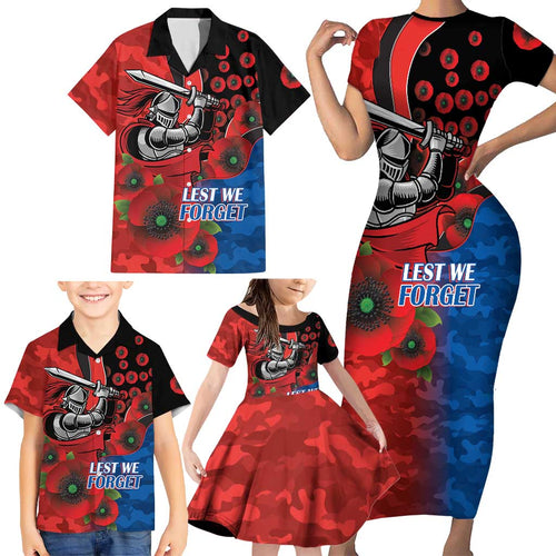 Newcastle Knights ANZAC Personalised Family Matching Short Sleeve Bodycon Dress and Hawaiian Shirt Lest We Forget Poppy Camo