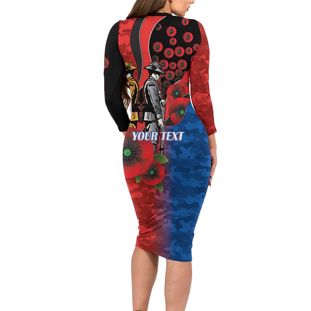 Newcastle Knights ANZAC Personalised Long Sleeve Bodycon Dress Lest We Forget Poppy Camo