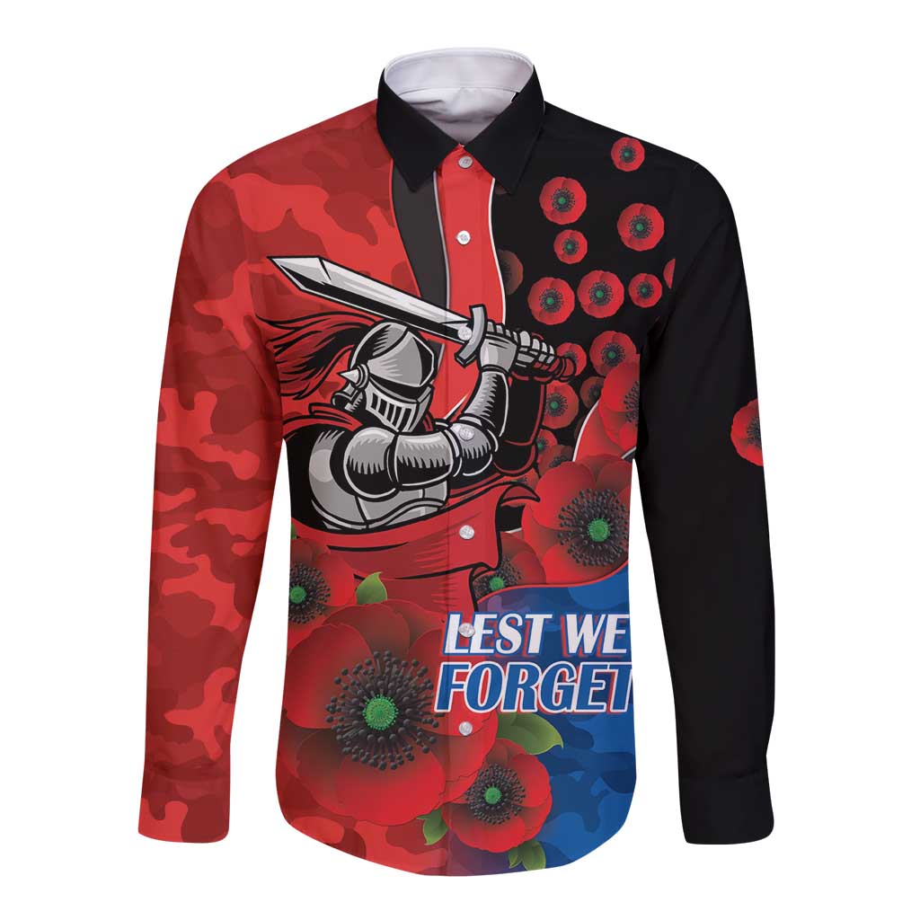 Newcastle Knights ANZAC Personalised Long Sleeve Button Shirt Lest We Forget Poppy Camo