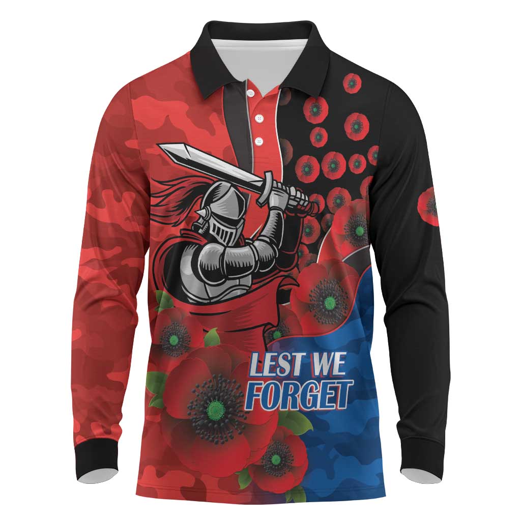 Newcastle Knights ANZAC Personalised Long Sleeve Polo Shirt Lest We Forget Poppy Camo