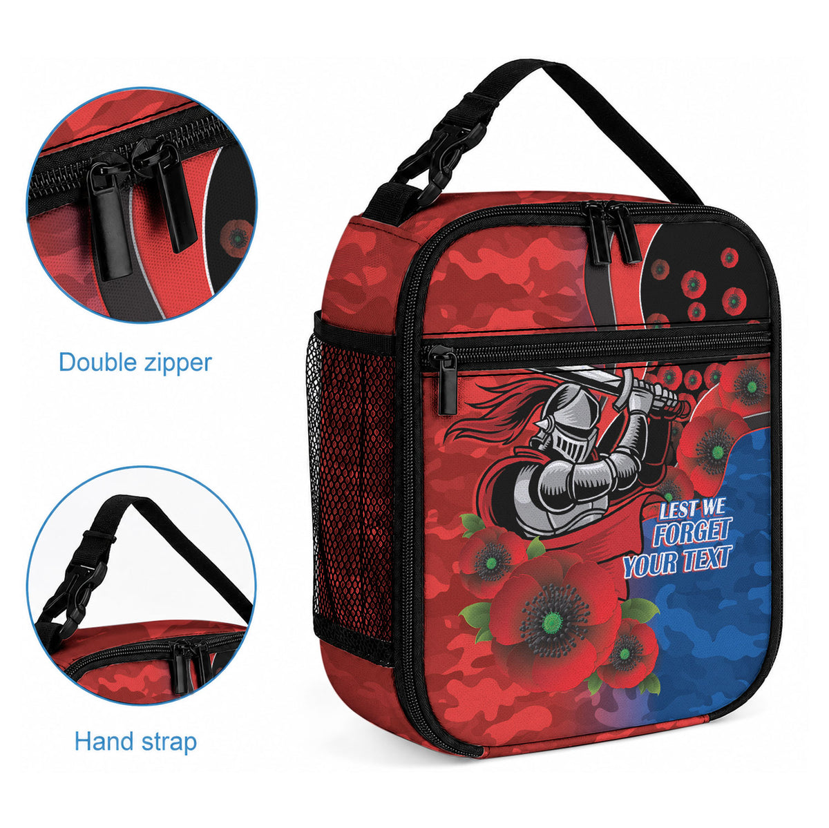 Newcastle Knights ANZAC Personalised Lunch Bag Lest We Forget Poppy Camo