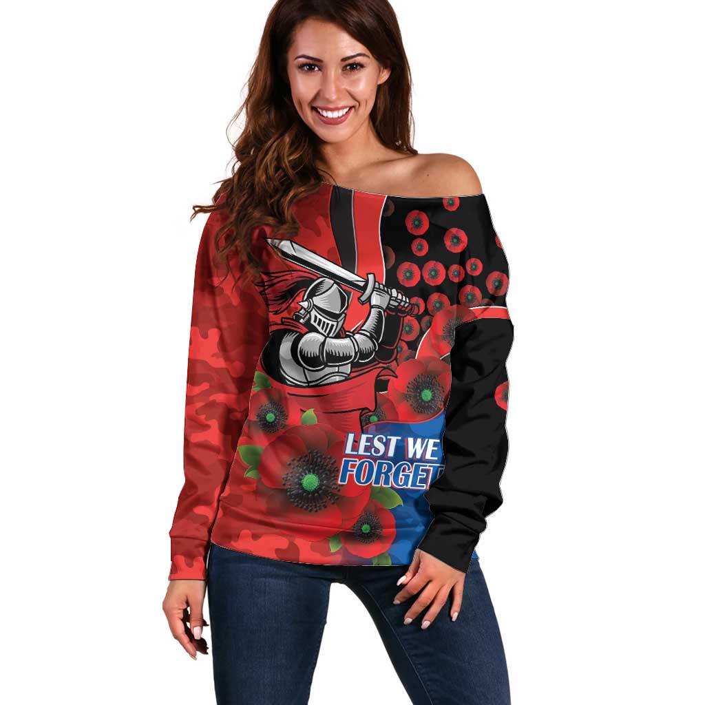 Newcastle Knights ANZAC Personalised Off Shoulder Sweater Lest We Forget Poppy Camo
