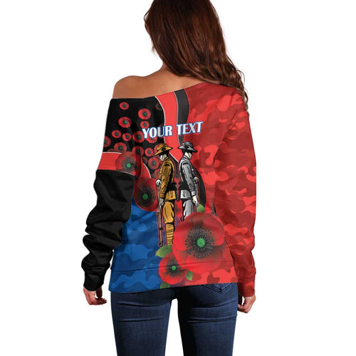 Newcastle Knights ANZAC Personalised Off Shoulder Sweater Lest We Forget Poppy Camo