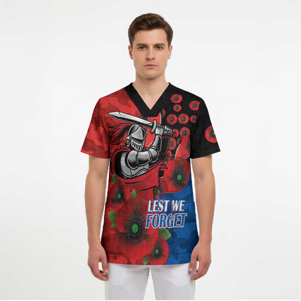 Newcastle Knights ANZAC Personalised Scrub Top Lest We Forget Poppy Camo