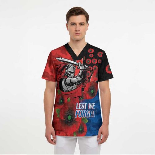 Newcastle Knights ANZAC Personalised Scrub Top Lest We Forget Poppy Camo