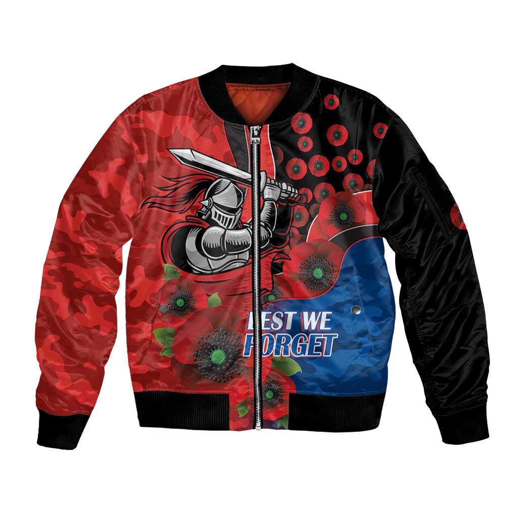 Newcastle Knights ANZAC Personalised Sleeve Zip Bomber Jacket Lest We Forget Poppy Camo