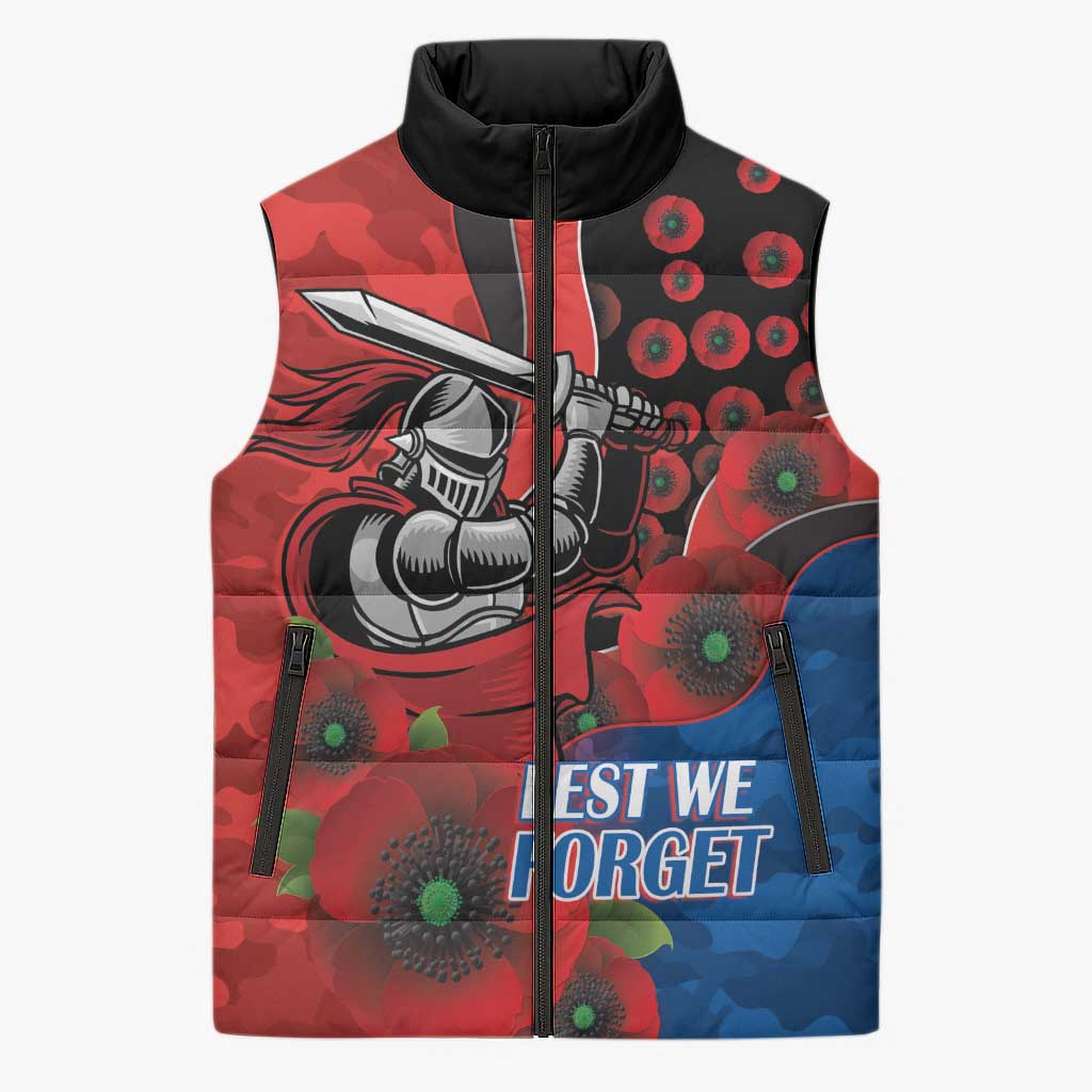 Newcastle Knights ANZAC Personalised Sleeveless Puffer Jacket Lest We Forget Poppy Camo