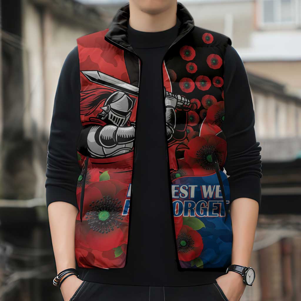 Newcastle Knights ANZAC Personalised Sleeveless Puffer Jacket Lest We Forget Poppy Camo