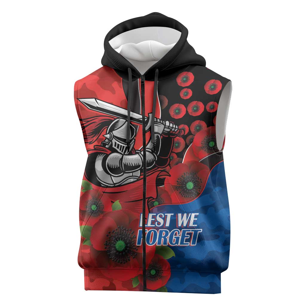 Newcastle Knights ANZAC Personalised Sleeveless Zip Hoodie Lest We Forget Poppy Camo