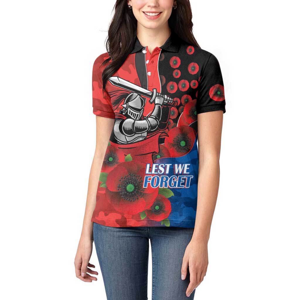 Newcastle Knights ANZAC Personalised Women Polo Shirt Lest We Forget Poppy Camo