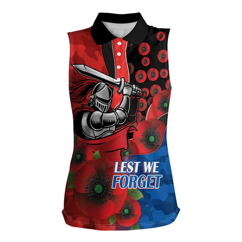 Newcastle Knights ANZAC Personalised Women Sleeveless Polo Shirt Lest We Forget Poppy Camo