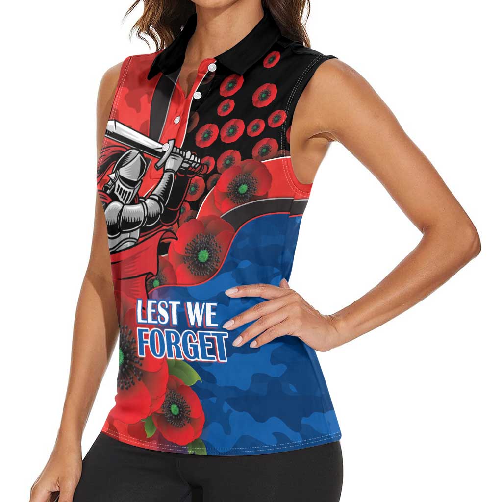 Newcastle Knights ANZAC Personalised Women Sleeveless Polo Shirt Lest We Forget Poppy Camo