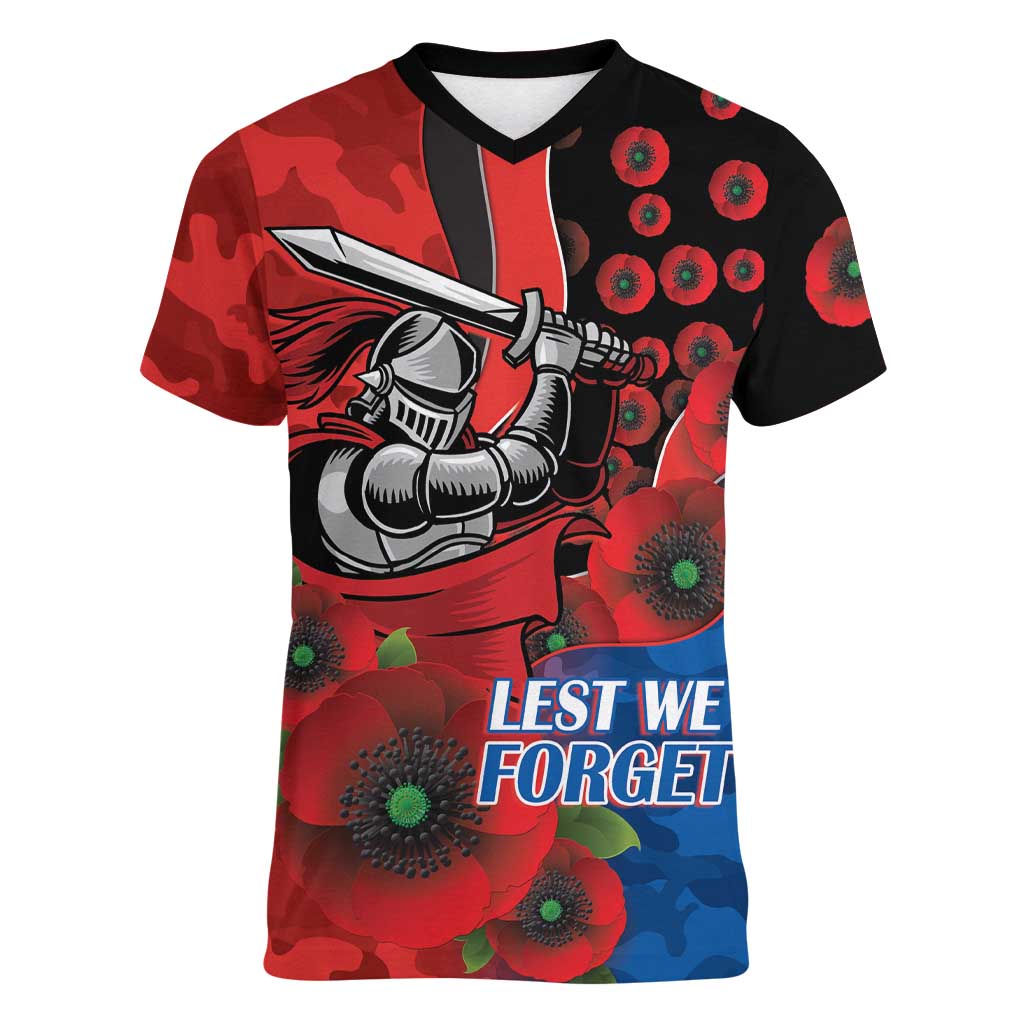 Newcastle Knights ANZAC Personalised Women V-Neck T-Shirt Lest We Forget Poppy Camo