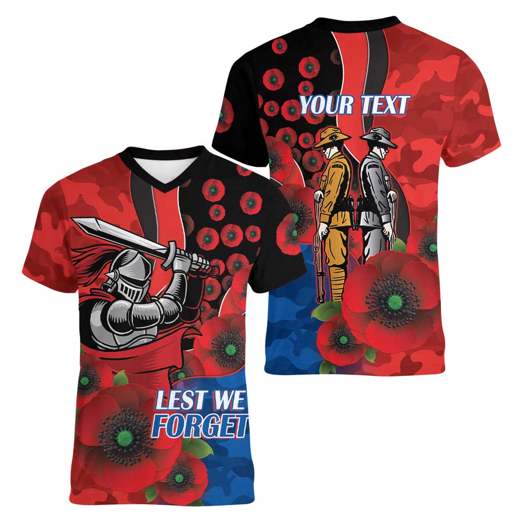 Newcastle Knights ANZAC Personalised Women V-Neck T-Shirt Lest We Forget Poppy Camo