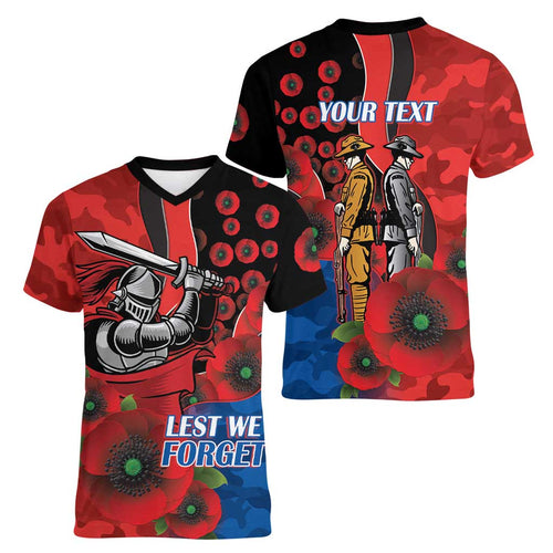 Newcastle Knights ANZAC Personalised Women V-Neck T-Shirt Lest We Forget Poppy Camo