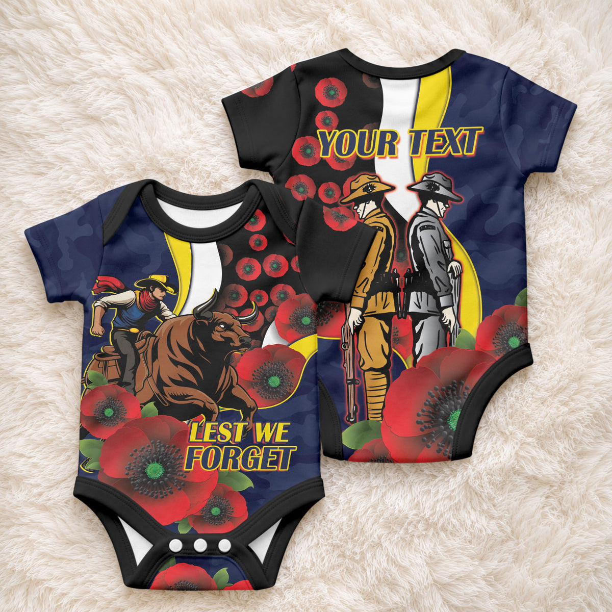 North Queensland Cowboys ANZAC Personalised Baby Onesie Lest We Forget Poppy Camo