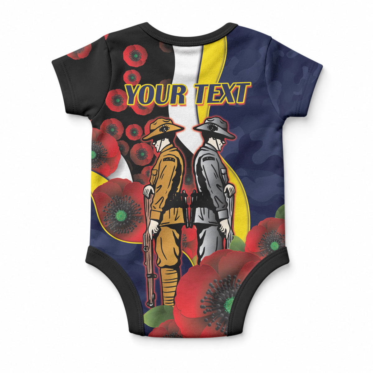 North Queensland Cowboys ANZAC Personalised Baby Onesie Lest We Forget Poppy Camo