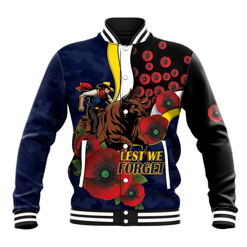 North Queensland Cowboys ANZAC Personalised Baseball Jacket Lest We Forget Poppy Camo
