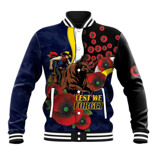 North Queensland Cowboys ANZAC Personalised Baseball Jacket Lest We Forget Poppy Camo