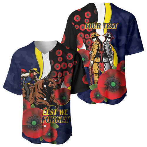 North Queensland Cowboys ANZAC Personalised Baseball Jersey Lest We Forget Poppy Camo