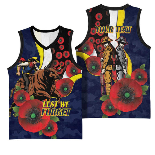 North Queensland Cowboys ANZAC Personalised Basketball Jersey Lest We Forget Poppy Camo