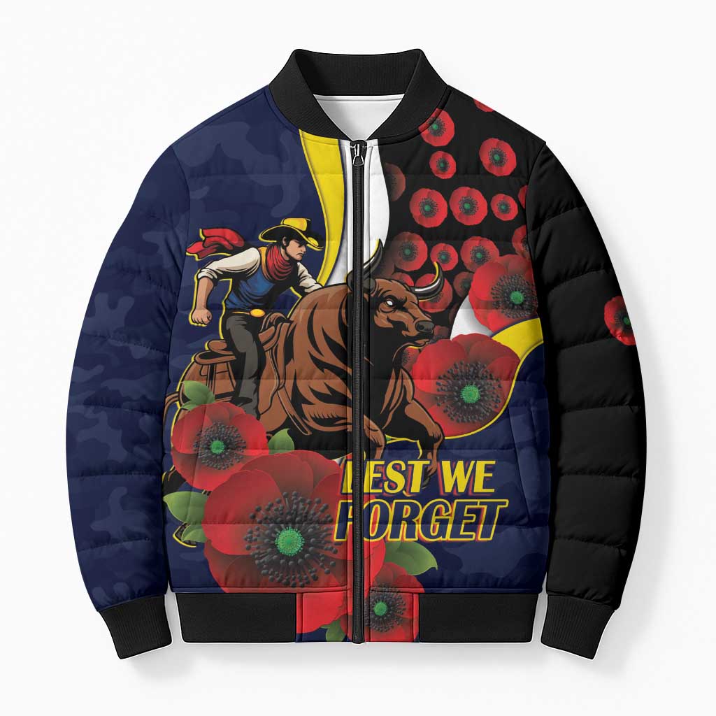 North Queensland Cowboys ANZAC Personalised Bomber Puffer Jacket Lest We Forget Poppy Camo