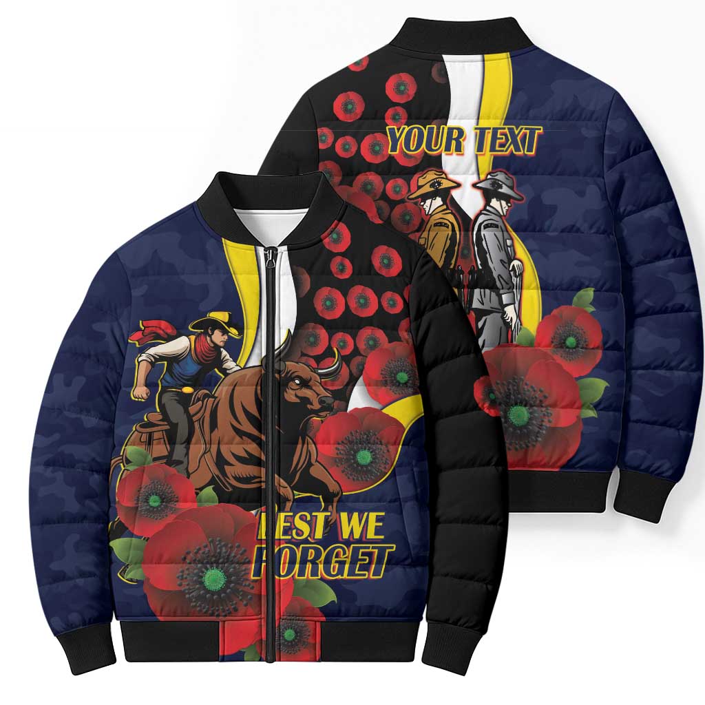 North Queensland Cowboys ANZAC Personalised Bomber Puffer Jacket Lest We Forget Poppy Camo