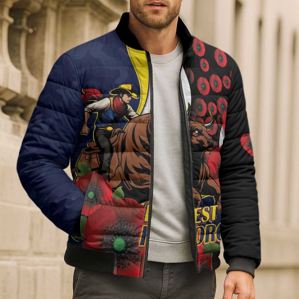 North Queensland Cowboys ANZAC Personalised Bomber Puffer Jacket Lest We Forget Poppy Camo