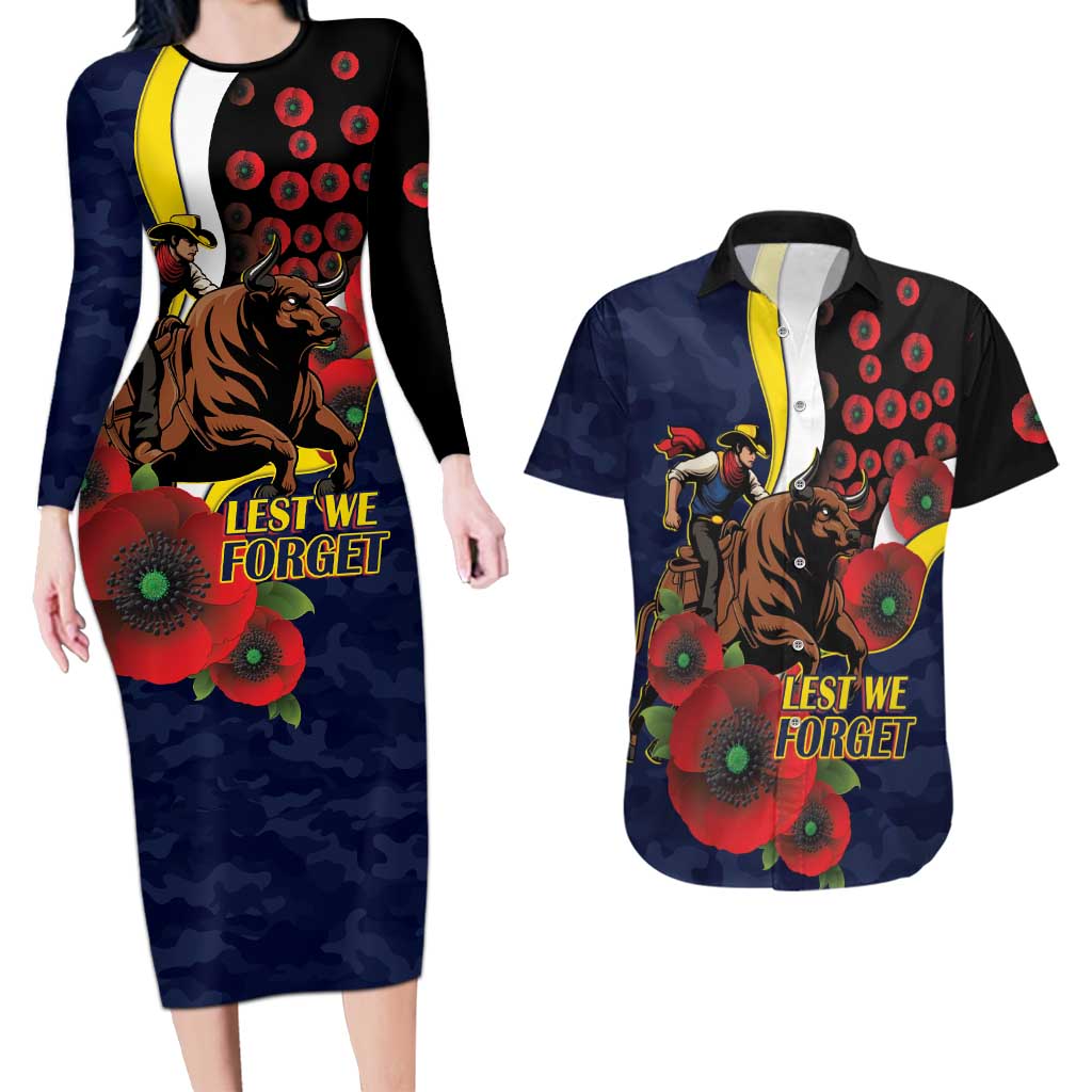North Queensland Cowboys ANZAC Personalised Couples Matching Long Sleeve Bodycon Dress and Hawaiian Shirt Lest We Forget Poppy Camo