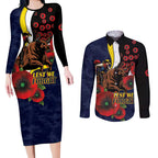 North Queensland Cowboys ANZAC Personalised Couples Matching Long Sleeve Bodycon Dress and Long Sleeve Button Shirt Lest We Forget Poppy Camo